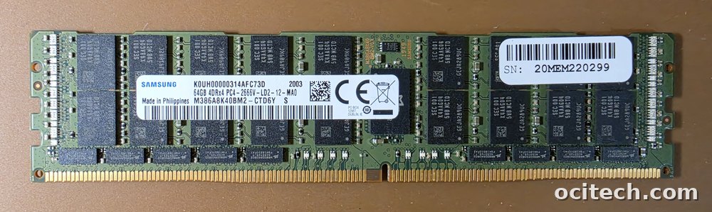 Samsung 64GB DDR4-2666 LRDIMM memory module, part M386A8K40BM2 — the type of used memory Ocitech buys
